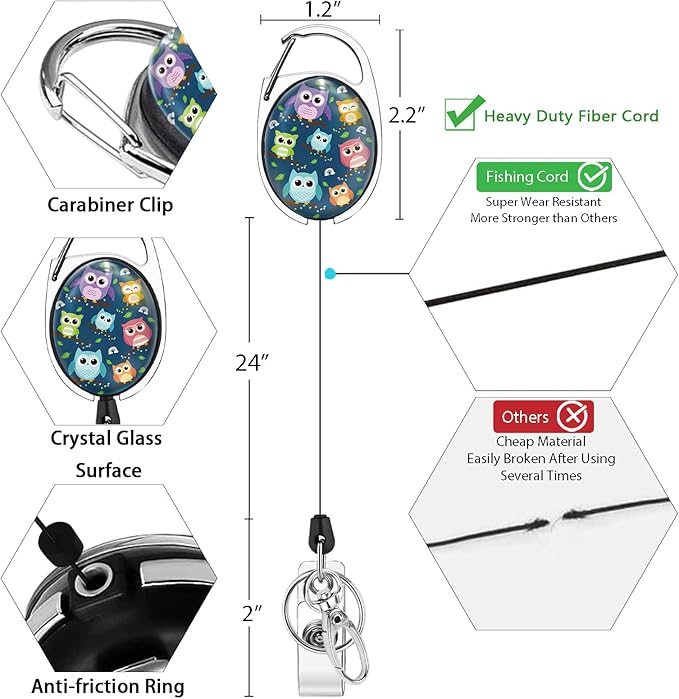 Cute Owl Lanyards for Id Badges, Retractable ID Badge Holder with Detachable Lanyard, Fashionable Badge Reel Heavy Duty with Carabiner Clip, Nurse Teacher Office Gifts