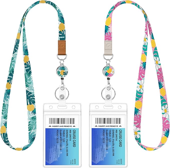 Giancomics Lanyards for Cruise Ships Cards Key, Tropical Leaves Lanyards with Retractable Badge Reel, Cute Waterproof ID Badge Holder Cruise Essentials Must Haves Card Protector 2 Pack