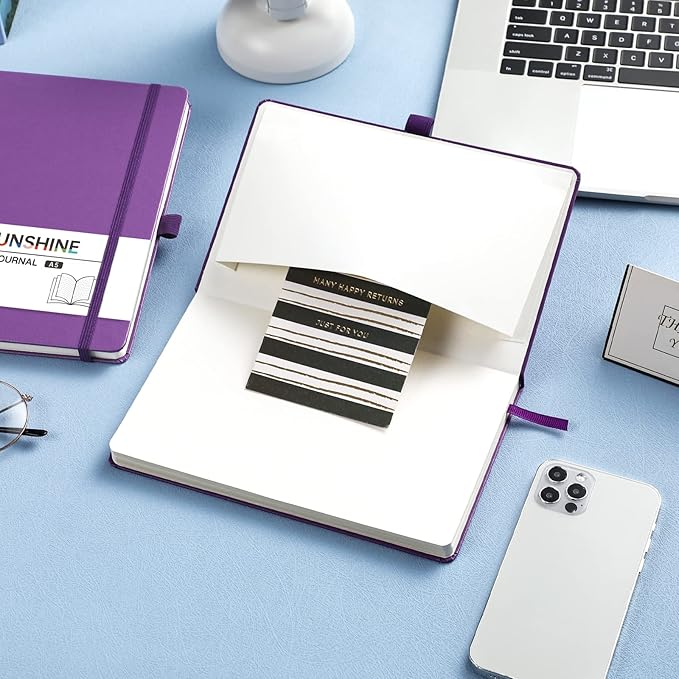 Dotted Journal/Notebook - Dot Grid Hard Cover Notebook, Premium Thick Paper with Fine Inner Pocket, Black Smooth Faux Leather, Pen Loop, 5.3'' x 8.26'' - Purple