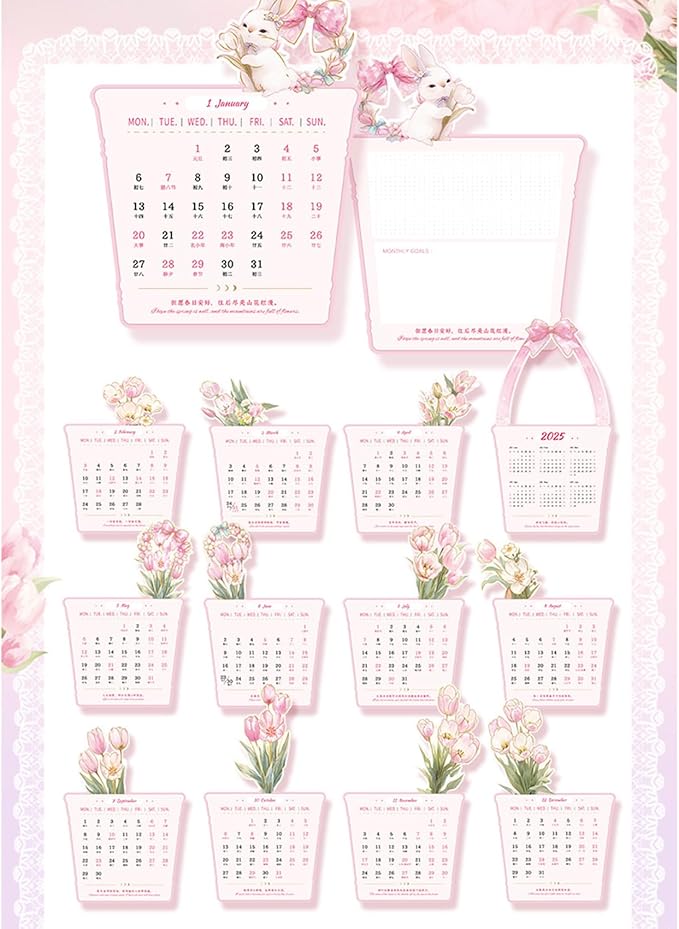 2025 Creative Desk Calendar Unique Flower Basket Shape Office Home Decor Calendar 8.5" x 6" - Tulip