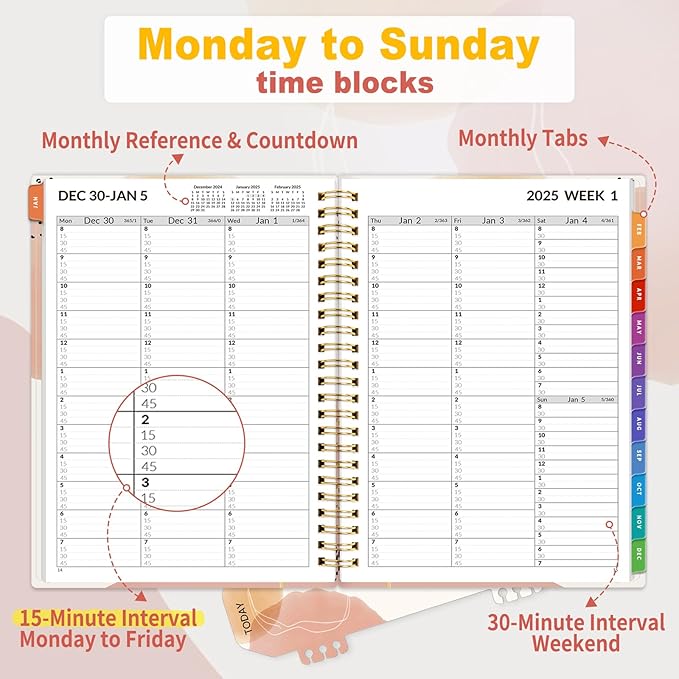 SUNEE 2025 Appointment Book, Quarter-Hourly, Weekly & Monthly - from January 2025 - December 2025, 6.4"x8.3" Weekly Planner, Flexible Cover, Note Pages, Pockets, Bookmark, Spiral Binding, Pink Breeze