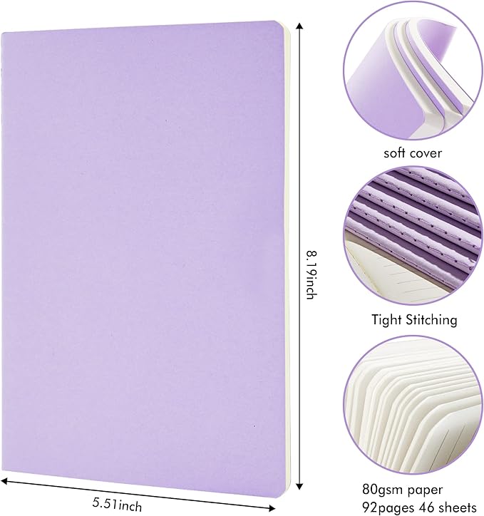feela 8 Pack Soft Cover Journal Bulk, Notebooks College Ruled for Work, Lined Travel Journal for Women Men, Note Taking Notebook School Supplies Business Writing, 8.2” x 5.5”, A5, Light Purple