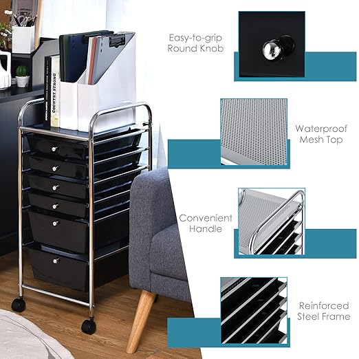 6-Drawer Rolling Storage Cart, Multifunctional Storage Organizer Cart with Wheels, Mobile Utility Cart for Home Office Garage Tools (Black)