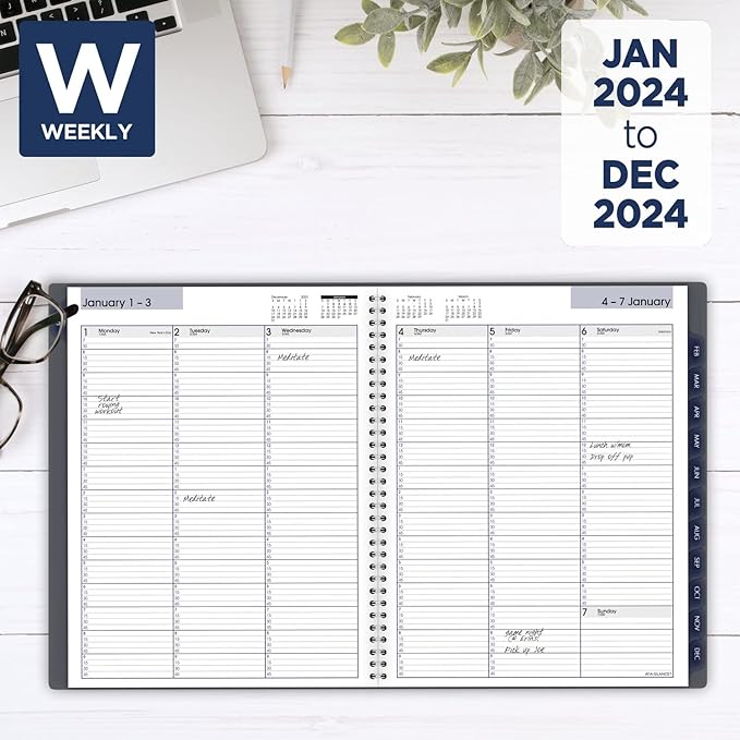 AT-A-GLANCE 2024 Weekly & Monthly Planner, DayMinder, Quarter-Hourly Appointment Book, 8-1/2" x 11", Large, Spiral Bound, Monthly Tabs, Gray (GC5200724)