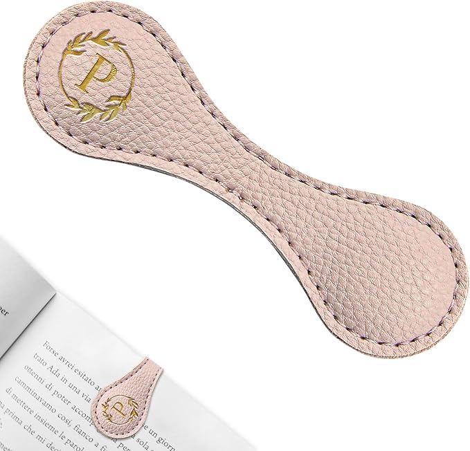ABTOLS Magnetic Leather Initial Bookmarks, Vintage Initial ID Identification Book Marker Clip Gift Pink Capital Letter Book Markers for Book Lover Avid Readers (P)