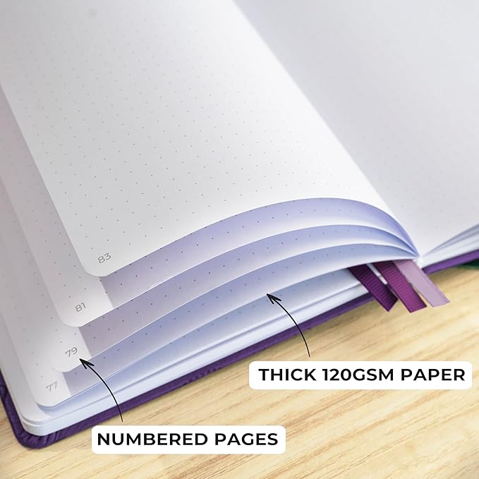 Clever Fox Dotted Journal 2.0 – Compact Planning and Sketching Dot Grid Notebook 120 GSM Thick, No-Bleed Paper – Planner with Pen Loop, Pocket, Ribbons, Stickers A5 - Purple
