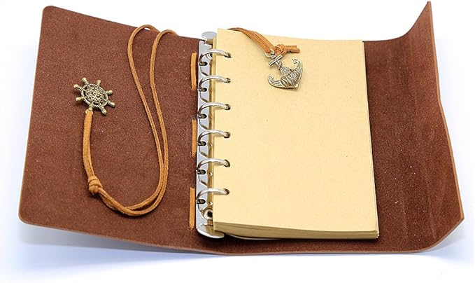 EvZ Leather Writing Journal Notebook, 5 Inches Vintage Nautical Spiral Blank String Diary Notepad Sketchbook Travel to Write in, Unlined Paper, Retro Pendants, Classic Embossed, Dark Green