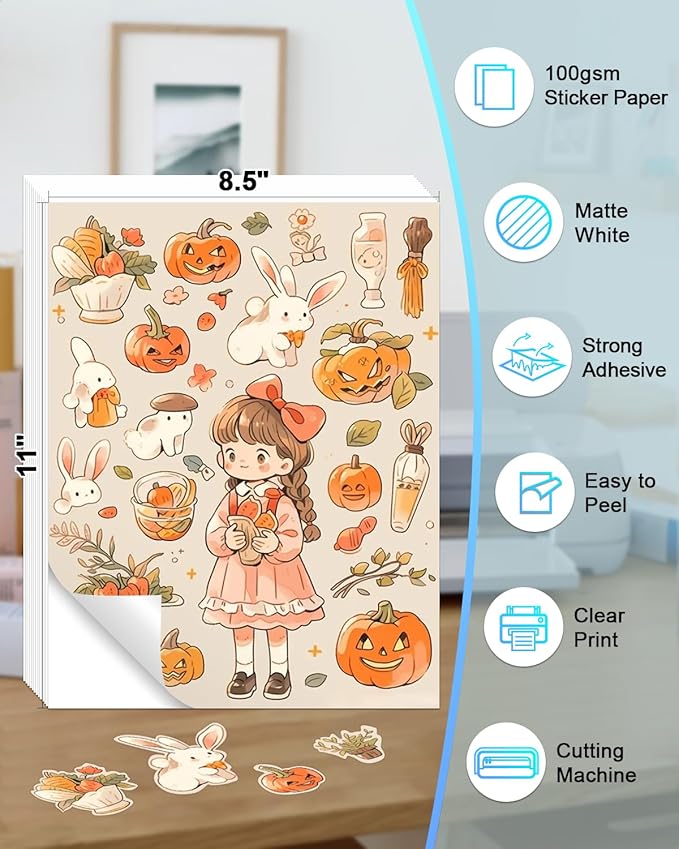 100 Sheets 8.5x11 Printable Sticker Paper work with Inkjet, Laser Printer & Cricut Maker, Labelchoice Blank Matte White Full Paper Sticker Printer Paper, Self Adhesive A4 Letter Size Full Sheet Labels