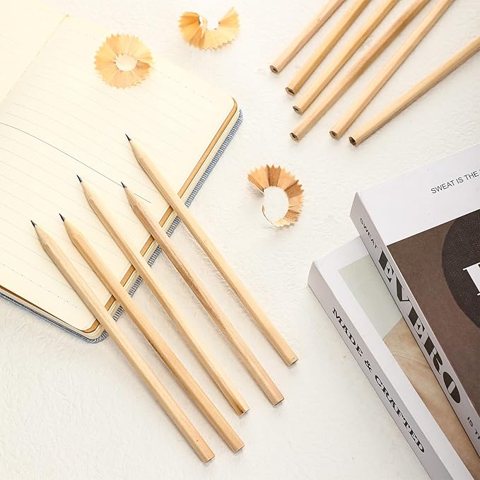 Fumete 100 Pieces Wooden Pencils Bulk No Eraser Hexagonal HB Graphite Unsharpened Natural Wood Pencils Without Erasers for Classroom School Home Office Drawing Sketching Learning