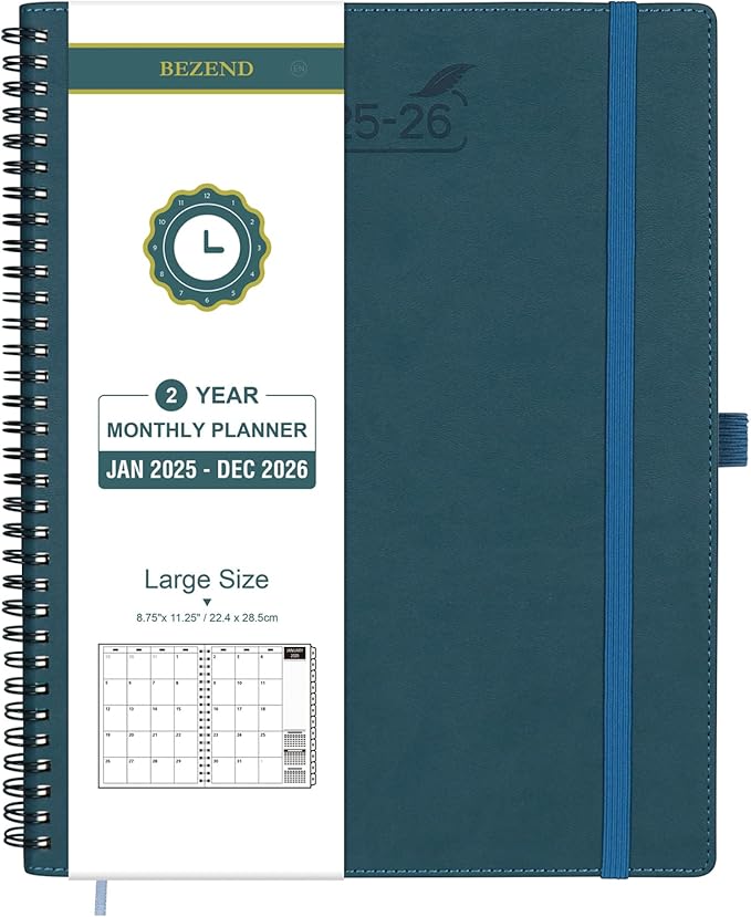 BEZEND Monthly Planner 2025-2026, Large Size, 2 Year Monthly Calendar 8.5" x 11" - 120 GSM Thick Paper - Spiral Planner with Pockets, Tabs, Calendar with Note Sections, Pen Loop - Dark Green