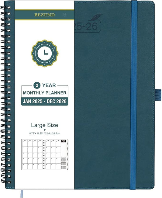 BEZEND Monthly Planner 2025-2026, Large Size, 2 Year Monthly Calendar 8.5" x 11" - 120 GSM Thick Paper - Spiral Planner with Pockets, Tabs, Calendar with Note Sections, Pen Loop - Dark Green