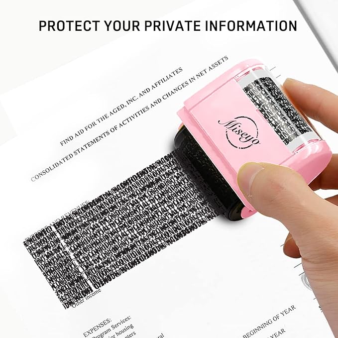 Miseyo Wide Identity Theft Protection Roller Stamp Set - Pink (3 Refill Ink Included)