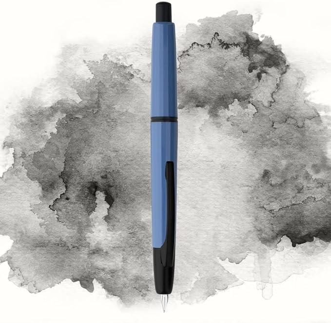 Majohn A2 Press Fountain Pen Extra Fine Nib with Box, Retractable Blue Resin Ink Pen with Converter Writing Set (Black Clip Version）