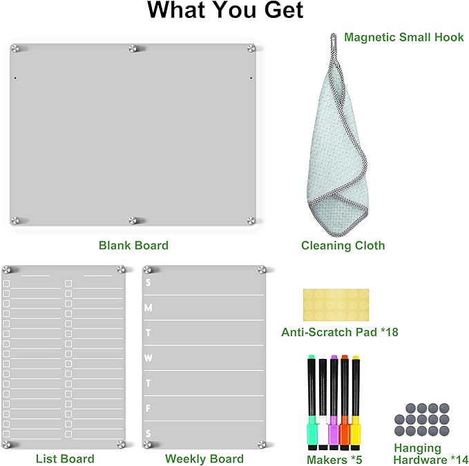 Acrylic Magnetic Dry Erase Board for Fridge, 16"x12" Clear Fridge Whiteboard to Do List White Board for Refrigerator Weekly Meal Planner Menu Board for Kitchen Fridge Calendar 3 Pcs