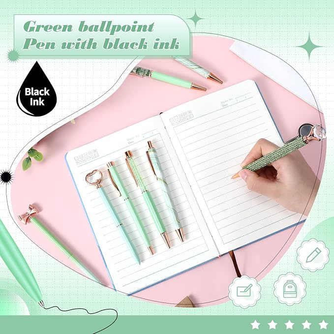 Supervitae 8 Pcs Ballpoint Pen for Women Fancy Gifts for Journaling Liquid Sand Glitter Black Ink Pens Bridal Shower Gifts for Wedding Women Office Desk School Stationery Supplies(Green)
