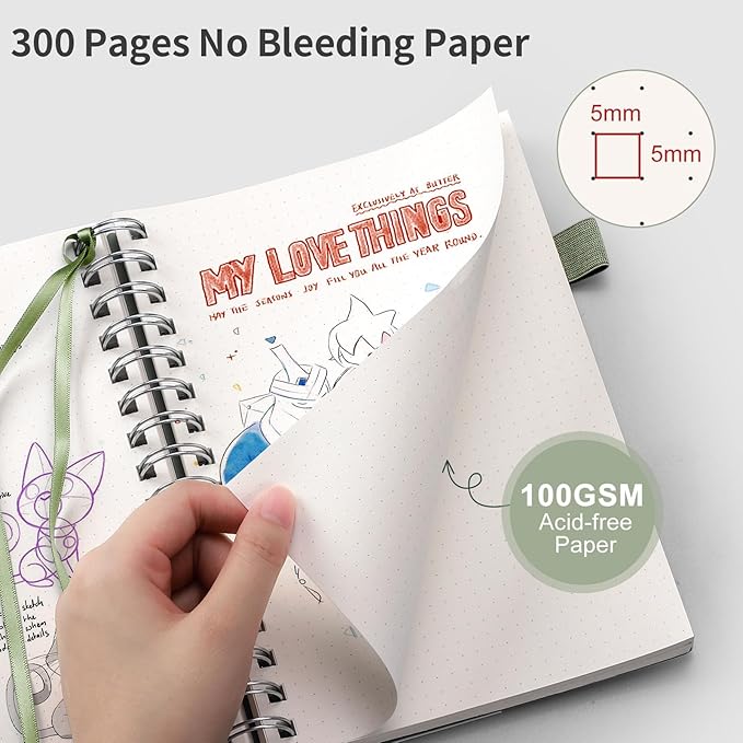 EMSHOI A4 Spiral Notebook Bullet Dotted Journal, Dotted Grid Notebook with 300 Pages, 100gsm Thick Paper, Waterproof Softcover Notebook for School Work Writing, 8.27" × 11.2" - Light Green