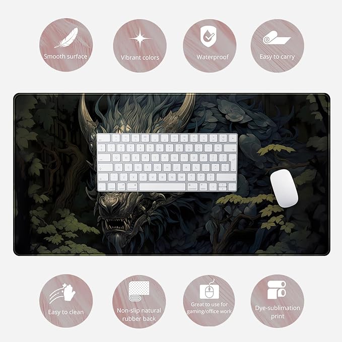 Japan Black Desk Mat Dragon Anime Gaming Mouse Pad Large Desk Pad for Desk Computer Pc Laptop Office Decor for Men, Anime Mouse Keyboard Pad Stitched Edges Non-Slip Rubber Mat Desk Pad, 31.5x15.8 in.
