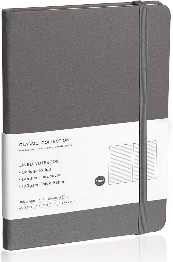Lined Journal Notebook, (Dark Gray), 160 Pages, Medium 5.7 inches x 8 inches - 100 gsm Thick Paper, Hardcover