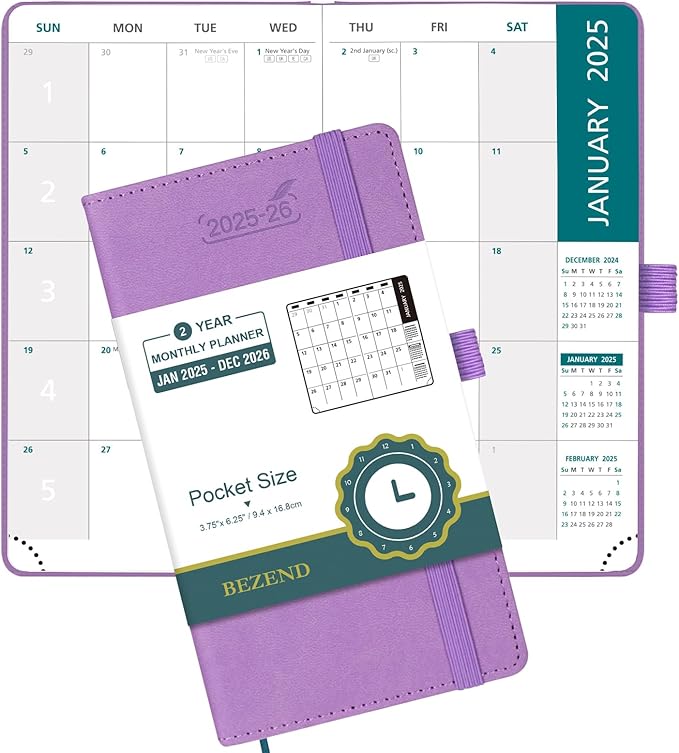 BEZEND 2 Year Pocket Calendar 2025-2026 - Small Monthly Planner for Purse 6.5" x 3.5", Runs Jan 2025 to Dec 2026, 100 GSM Paper, Pen Loop & Notes, PU Leather Hardcover in Lavender
