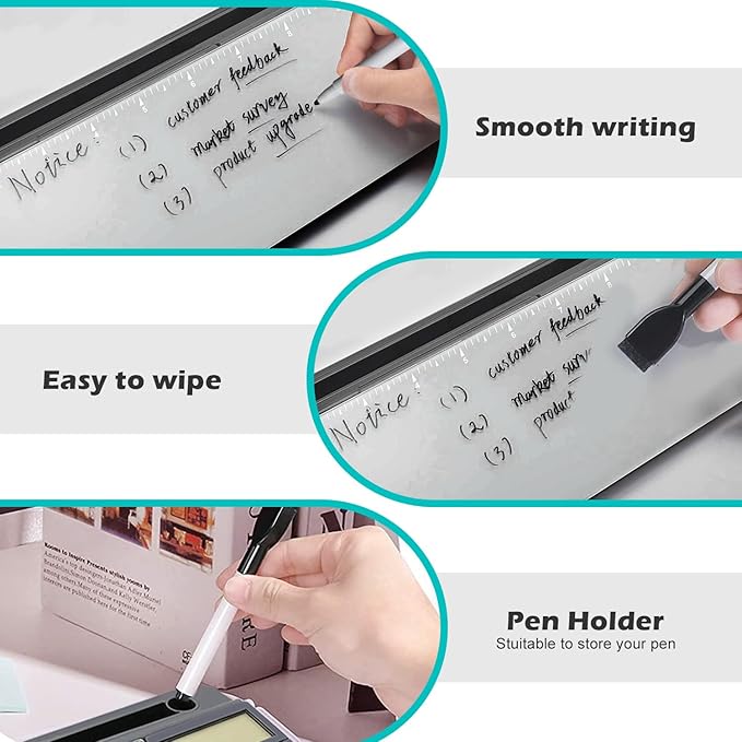 Desktop Glass Whiteboard with Calculator(12 Digit LCD Display) & Ruler Marker,Tilted Notepad Computer Keyboard Stand with Dry Erase Board Surface, Desk Organizers with Accessories,Gray