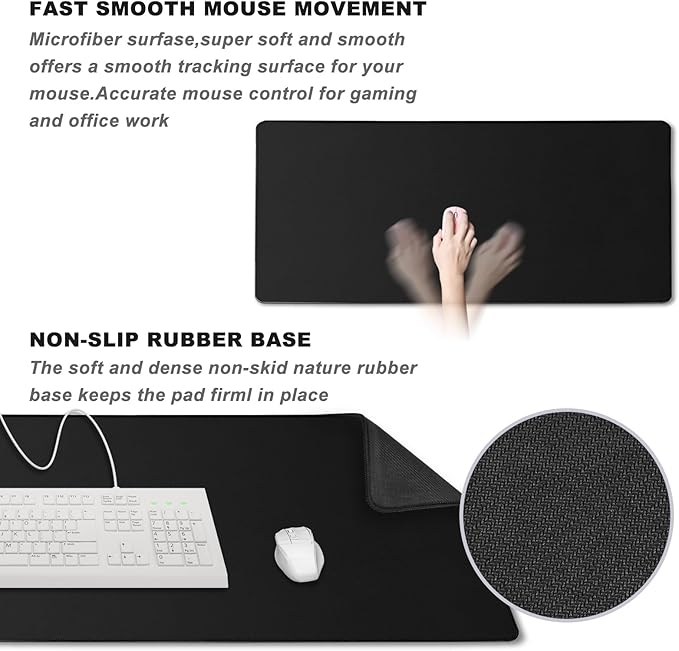 Large Mouse Pad, Desk Pad Large Office Deskmat Gaming Mouse Pad with Stitched Edges, 31.5" x 15.7" Mousepad with Non-Slip Waterproof Rubber Base for PC Laptop Desk Home Office Accessories, Black