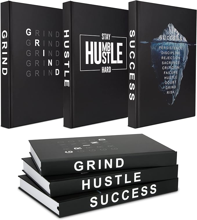 Hardcover Grind Hustle Success Book Decor for Men & Women, Decorative books for Home Decor, Office Decor for Men and Desk Decor for Men, Motivational gift with Black Cover and Blank Pages