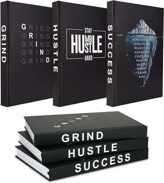 Hardcover Grind Hustle Success Book Decor for Men & Women, Decorative books for Home Decor, Office Decor for Men and Desk Decor for Men, Motivational gift with Black Cover and Blank Pages