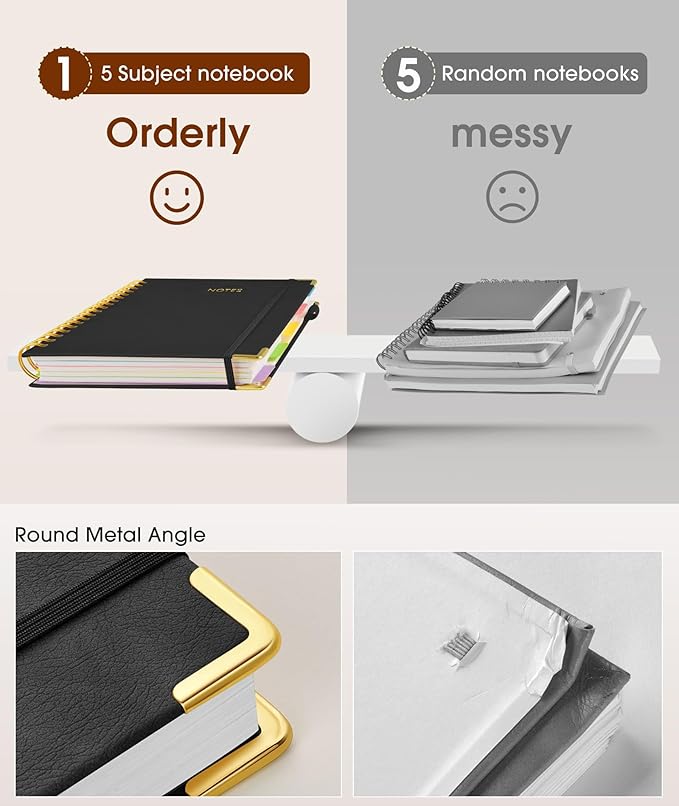 Hardcover Spiral Notebook journal with Removable Dividers Tabs, 300 Pages Leather 5 Subject Notebook College Ruled, 100GMS A5 Notebooks for Work School Note taking,Lined Journal for Women,A5-Black