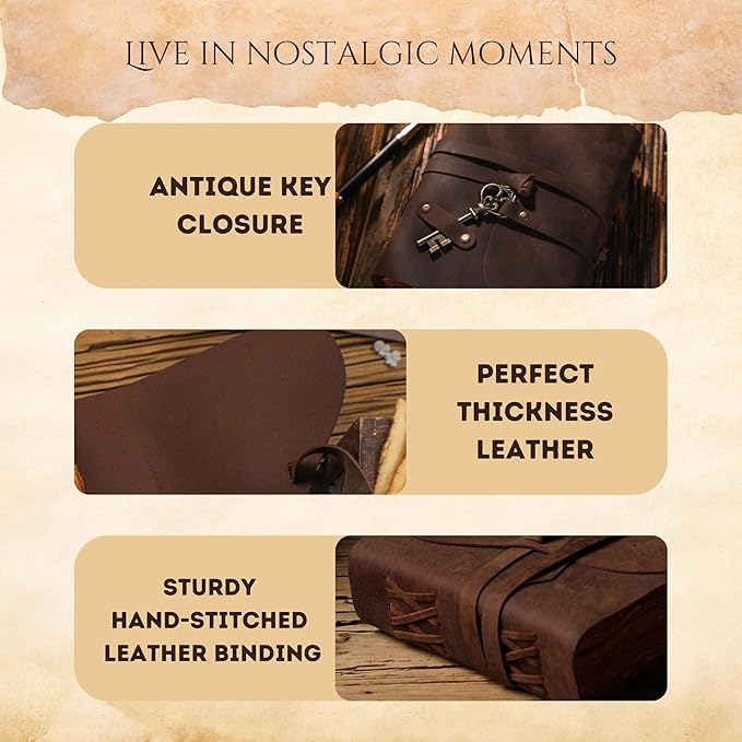 Fausta Vintage Handcrafted Leather Journal with Key for Writing, 240 Pages 8 x 6 inches, Deckled Cotton Paper Notebook/Diary for Men and Women 150 GSM Drawing/Sketchbook, Rustic Brown