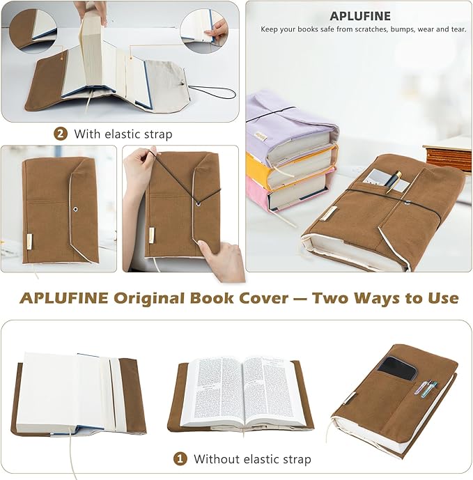 Canvas Book Covers, Washable Book Protector, Book Cover for Paperback Novels, Adjustable Book Cover for Hardcover with Pockets for Pen, Soft Cover Books, Book Lovers Gifts