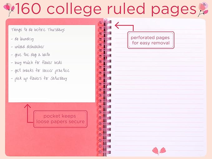 Steel Mill & Co Cute Mini Spiral Notebook, 8.25" x 6.25" Journal with Durable Hardcover and 160 Lined Pages, Pink Poppy