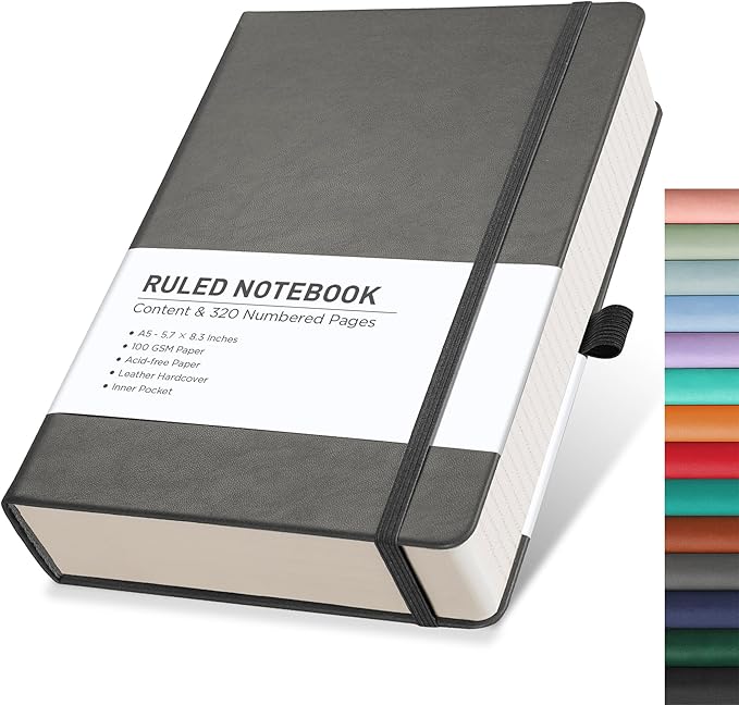 RETTACY Journaling Notebooks, A5 Lined Notebook Journal with 320 Numbered Pages, 5.7'' × 8.3'', Medium Size, Journal Notebook for Writing, Work, Leather Hardcover, 100 GSM Thick Paper (Gray)