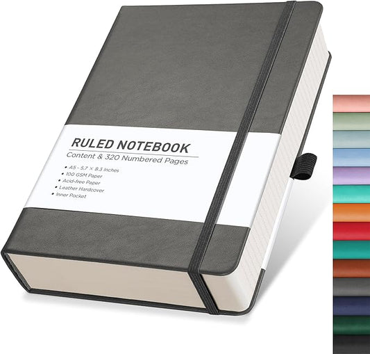 RETTACY Journaling Notebooks, A5 Lined Notebook Journal with 320 Numbered Pages, 5.7'' × 8.3'', Medium Size, Journal Notebook for Writing, Work, Leather Hardcover, 100 GSM Thick Paper (Gray)