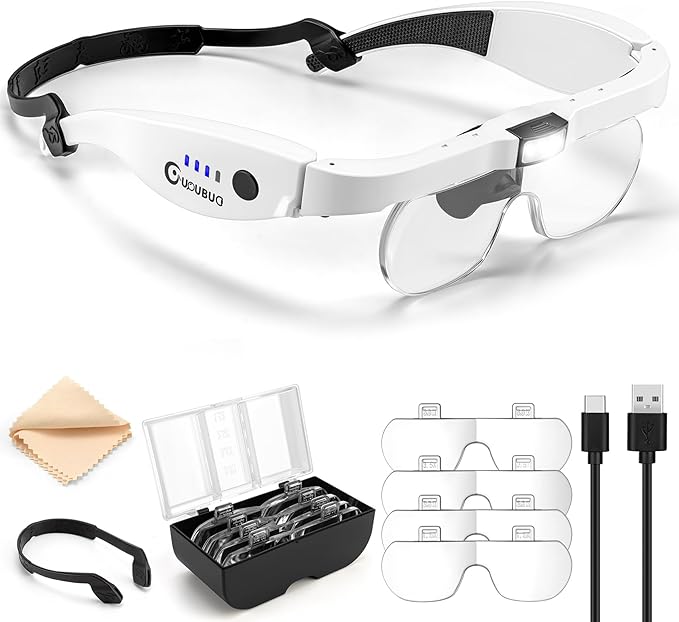 Magnifying Glass with Light, 1.5X-5.0X Magnifying Glasses, Rechargeable Magnifying Headset with Light, Head Magnifier with 4 Detachable Lenses, Magnifying Glasses for Close Work Crafts Jewelry