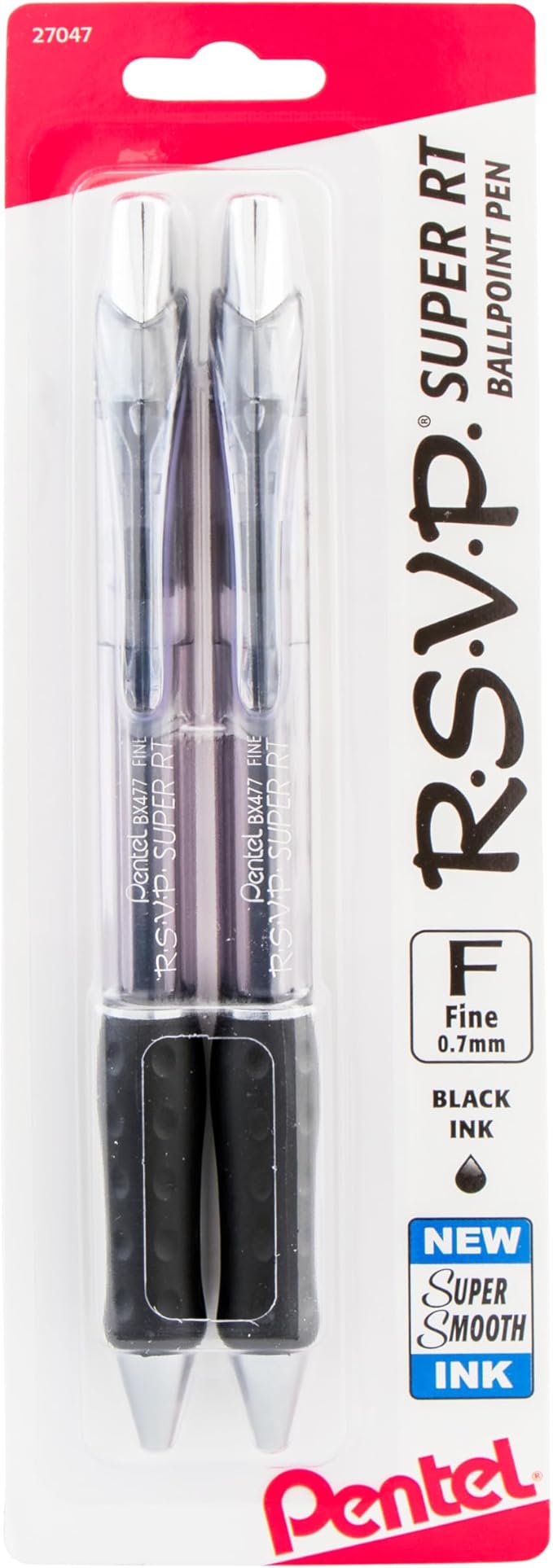 Pentel RSVP Super RT Ballpoint Pen, (0.7mm) Fine Line, Black Ink, 2-Pk - BX477BP2A