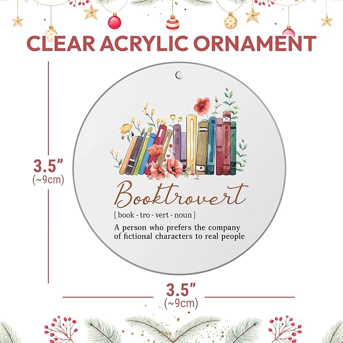 HYTURTLE Funny Book Gifts for Book Lovers Librarian - Book Christmas Ornament Tree Hanging Decoration - Book Lover Gifts - Book Gifts for Women Men - Booktrovert Xmas Acrylic Ornament Decor Keepsake