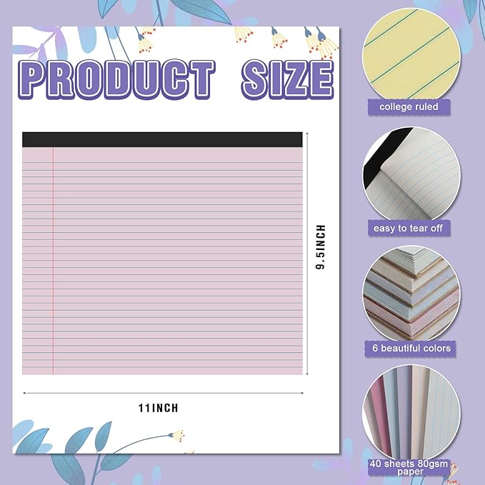 Lincia 6 Pcs 11" x 9.5" Legal Pads College Ruled Notepad Landscape Notebook Horizontal Lined Notebook 80 Gsm Assorted Colors Paper Pastel Writing Pads for School Office, 40 Sheet (Classic Color)