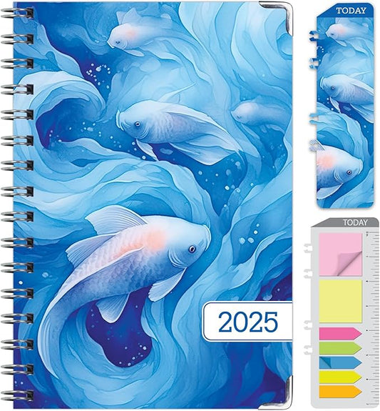 HARDCOVER 2025 Planner, 5.5"x8": 14 Months (November 2024 - December 2025), Daily Weekly Monthly Planner, Yearly Agenda, Bookmark, Pocket Folder and Sticky Note Set (Blue Koi)