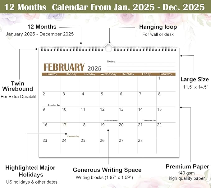 2025 Wall Calendar -Hanging Calendar 2024-2025 from Oct. 2024 to Dec. 2025, Simple Large Wall Calendar(14.5" x 11.5"), 6 Different Page Styles,Perfect for Office,Home or School