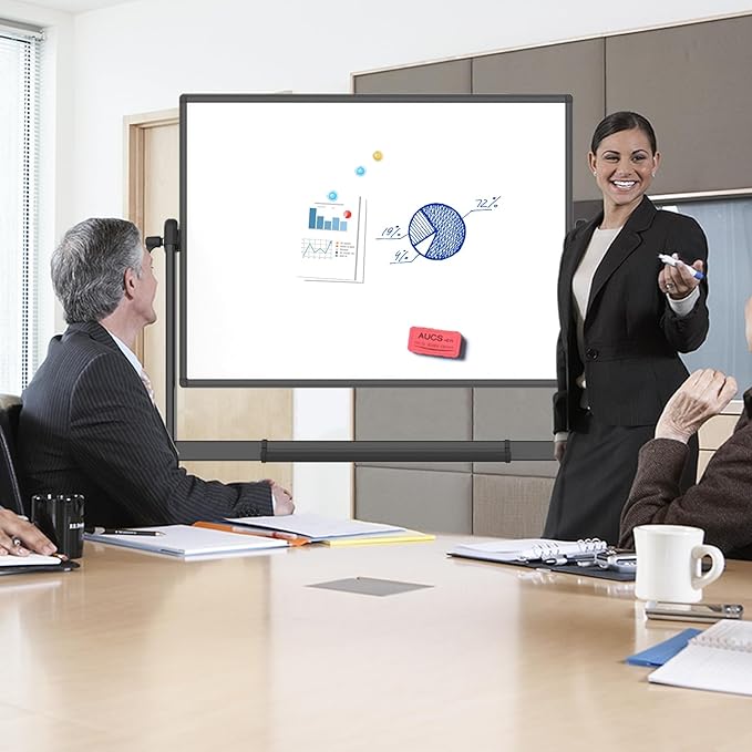 VIZ-PRO Double-Sided Magnetic Mobile Whiteboard, 72 x 40 Inches, Black Aluminium Frame and Stand