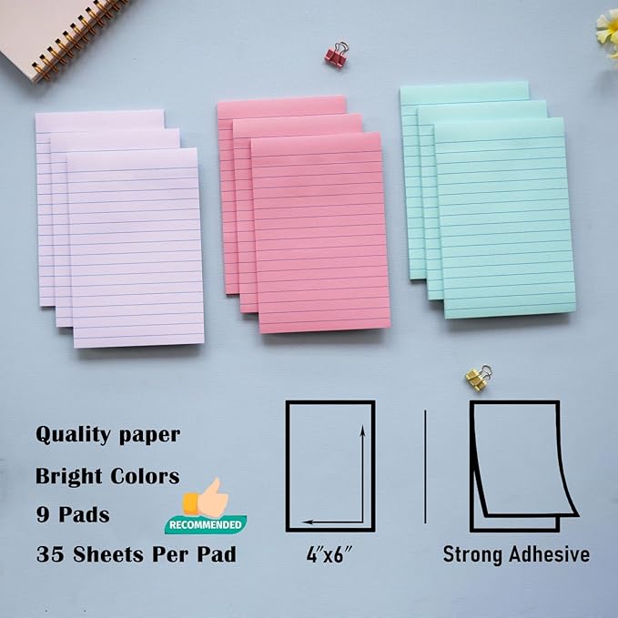 9 Pack Lined Sticky Notes 4X6 in Post Sticky Notes with Lines, Large Ruled Post Sticky Colorful Super Sticking Power Memo Pads Strong Adhesive, Sticky Notes 4x6 (Orchid Frost, Pink, Blue)