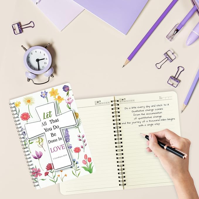 2Pack A5 Floral Cross Religious Spiral Notebooks - Bible Verses Writing Notebooks, Ruled Hardbound Lined Journal, Inspirational Christian Christmas Gift, Sunday School Supply (Purple & Yellow)