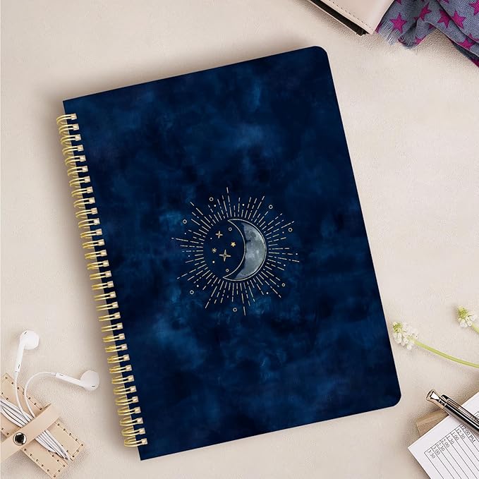 Cute Spiral Notebook journal A4 Aesthetic Pretty Design for Women Girls Kawaii with Pocket, 8.5 x 11 inch, Lined, Blue Moon