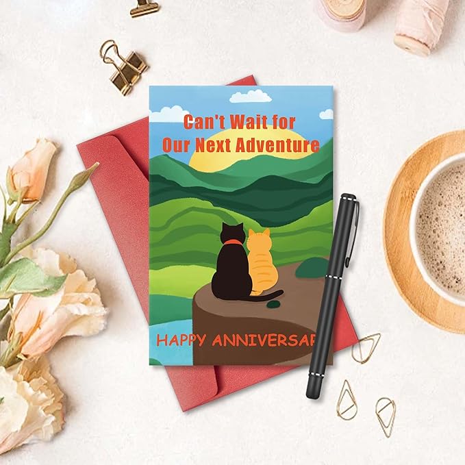 Funny Cat Anniversary Card Gift for Him Her, Happy Anniversary Card for Cat Lover, Romantic Cat Love Card for Boyfriend Girlfriend, Can't Wait for Our Next Adventure
