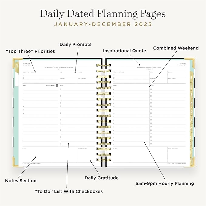 Day Designer 2025 Daily Planner – Premium Planner for Stylish Organization. Combines Monthly Calendar, Hourly Schedule, To-Do List, Gratitude, Goal Setting, Inspirational Quotes, Stickers & More. Elegant laminated Cover with Gold Accents (Black Stripe)