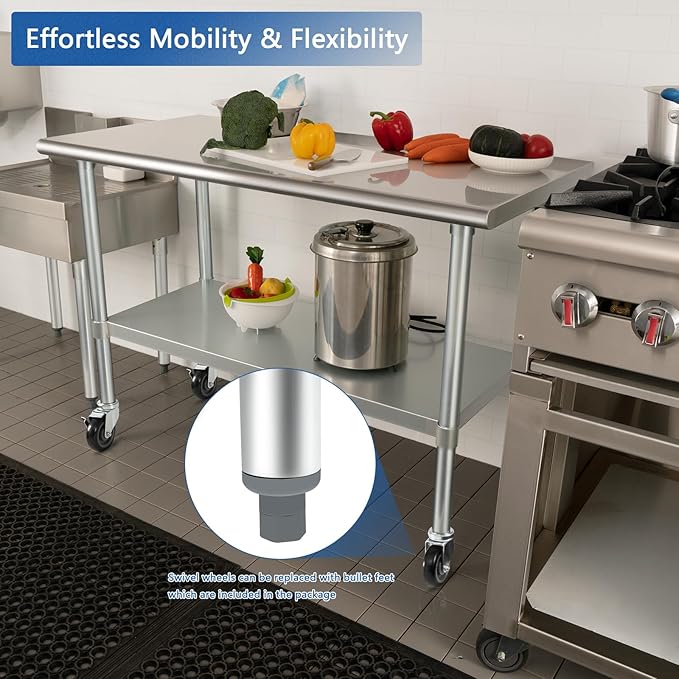 HARDURA Stainless Steel Table with Wheels 24 x 60 Inches Casters NSF Heavy Duty Commercial Work & Prep Table with Undershelf and Galvanized Legs for Restaurant Kitchen Bar and Hotel Garage