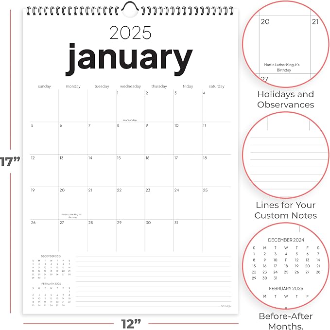 Wall Calendar 2025-2026, 18 Months, Runs From January 2025 to June 2026, 17" x 12" Large Wall Calendar with Hanger, Thick Paper and Spiral Binding. Simple and Stylish Aesthetic Design.