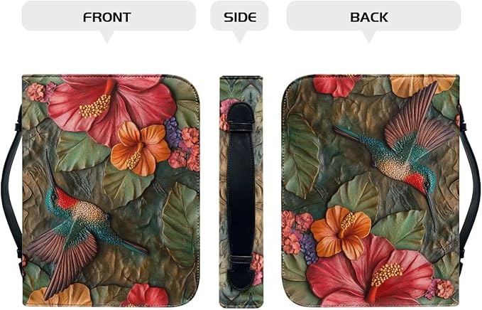 Lotusorchid Leather Bible Book Cover Case with Handle Pocket, Hummingbird Bible Cover Case with Pen Storage, Sturdy PU Bible Tote Bag, Bible Accessories, L