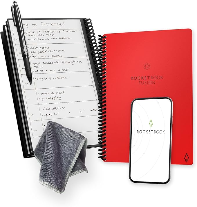 Rocketbook Fusion Reusable Undated Productivity Planner, Executive Size 6x8.8, Red - Goals, Monthly and Weekly Calendar, Daily To-do List, Lined and Dotted Notes Pages