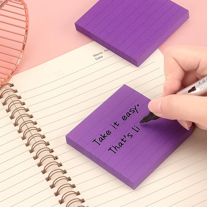 Lined Sticky Notes 3x3 Sticky Notes with Lines Self-Stick Notes Bright Color 4 Pads 90 Sheets/Pad (Purple)